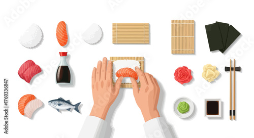 Chefs hands preparing Japanese nigiri sushi in a top-down flat lay with fresh ingredients and tools.