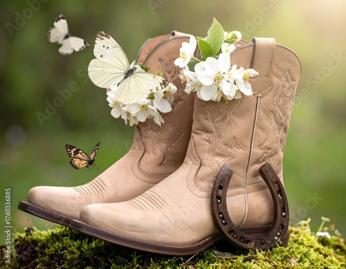 Western beige boots and flowers - Boots and Horse shoes - Boots for women - Cowboy boots - Cowgirl boots - Lucky horse shoes - AI