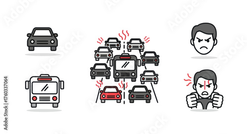 Cartoon Illustration of Traffic Jam with Frustrated Drivers.
