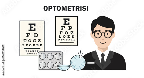 Professional Optometrist Character with Eye Charts and Contact Lenses.