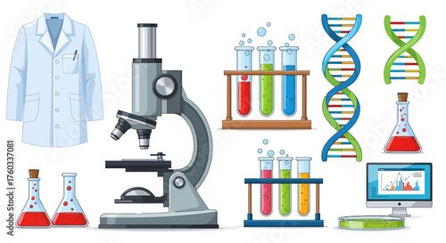 Scientific Laboratory Equipment and DNA Models for Research.
