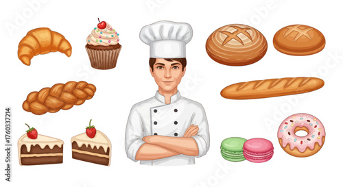 Male Baker with Chef Hat and Uniform Surrounded by Assorted Baked Goods.