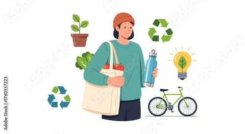 Eco-conscious Woman with Reusable Bag and Bottle Promoting Sustainable Lifestyle.