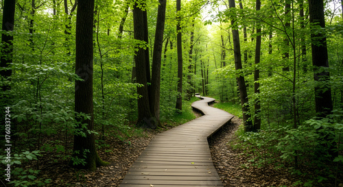 Fototapeta Naklejka Na Ścianę i Meble -  Wooden path through lush green forest nature trail hiking scenic landscape photography background wallpaper