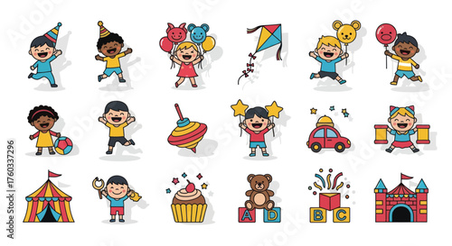 Diverse Group of Cheerful Cartoon Children and Toys Celebrating Fun.