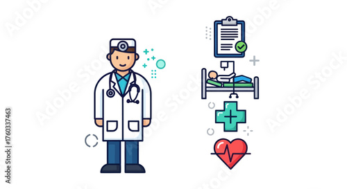 Friendly cartoon doctor with medical icons representing healthcare services.