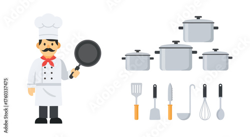 Flat vector illustration set of a professional male chef and various cooking equipment.
