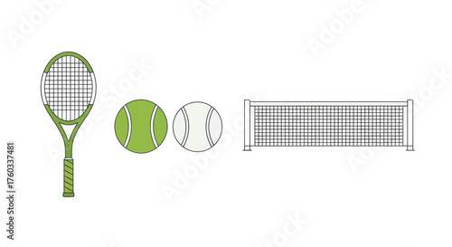 Tennis Equipment: Racket Balls and Net Illustration.