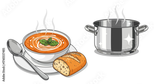 Steaming Bowl of Tomato Soup with Crusty Bread and a Cooking Pot.