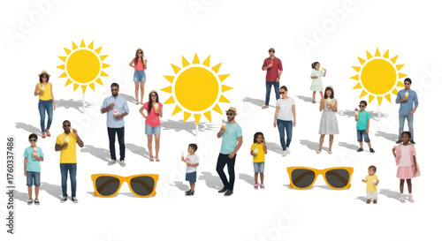 Diverse Group of People with Sun and Sunglasses Summer Theme.