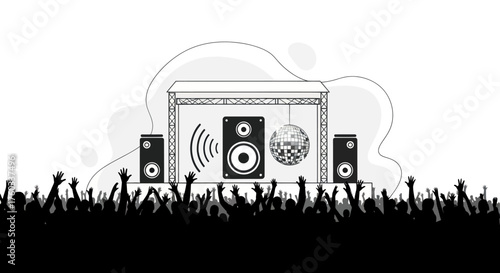 Concert Stage with Speakers Disco Ball and Crowd Silhouette.