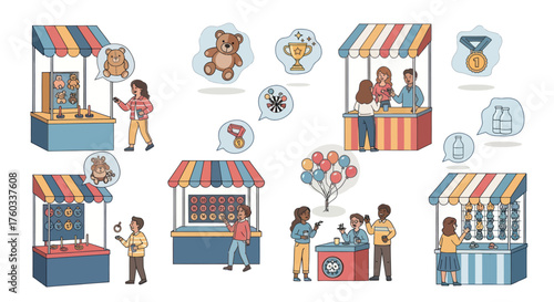 Carnival Game Booths and Prizes Illustration with People.
