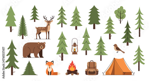 Camping Elements: Deer Bear Tent Trees Lantern Campfire Fox Bird and Backpack.