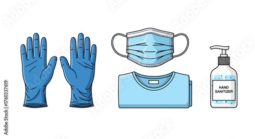 Collection of Medical Protective Gear: Gloves Mask Shirt and Sanitizer.