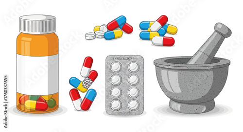 Assortment of Pharmaceutical Medicine Capsules Pills and Mortar and Pestle.