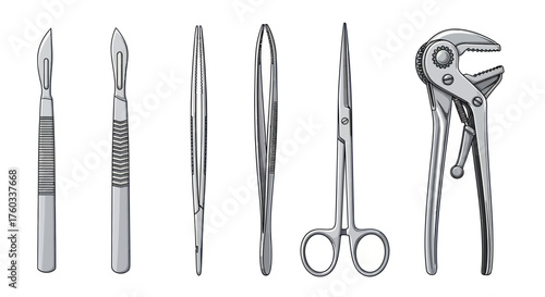 Collection of Surgical Instruments: Scalpels Forceps Scissors and Pliers.