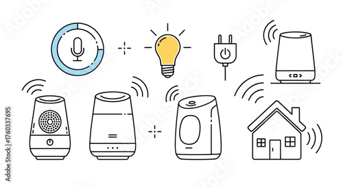 Smart Home Technology Icons: Voice Assistant Lightbulb Plug Speakers and House.