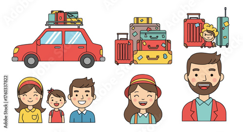 Cartoon Red Car Loaded with Luggage for Family Travel Adventure.