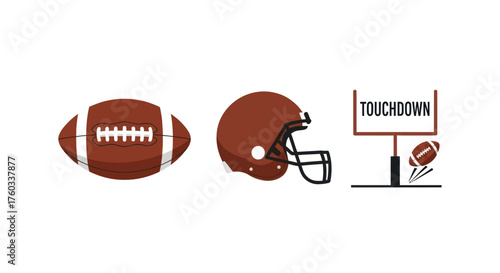 American Football Equipment and Touchdown Scoreboard Illustration.