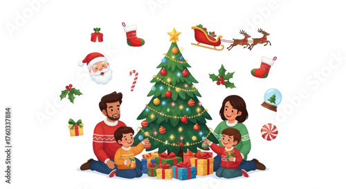 Cheerful family celebrating Christmas around a decorated tree with presents.