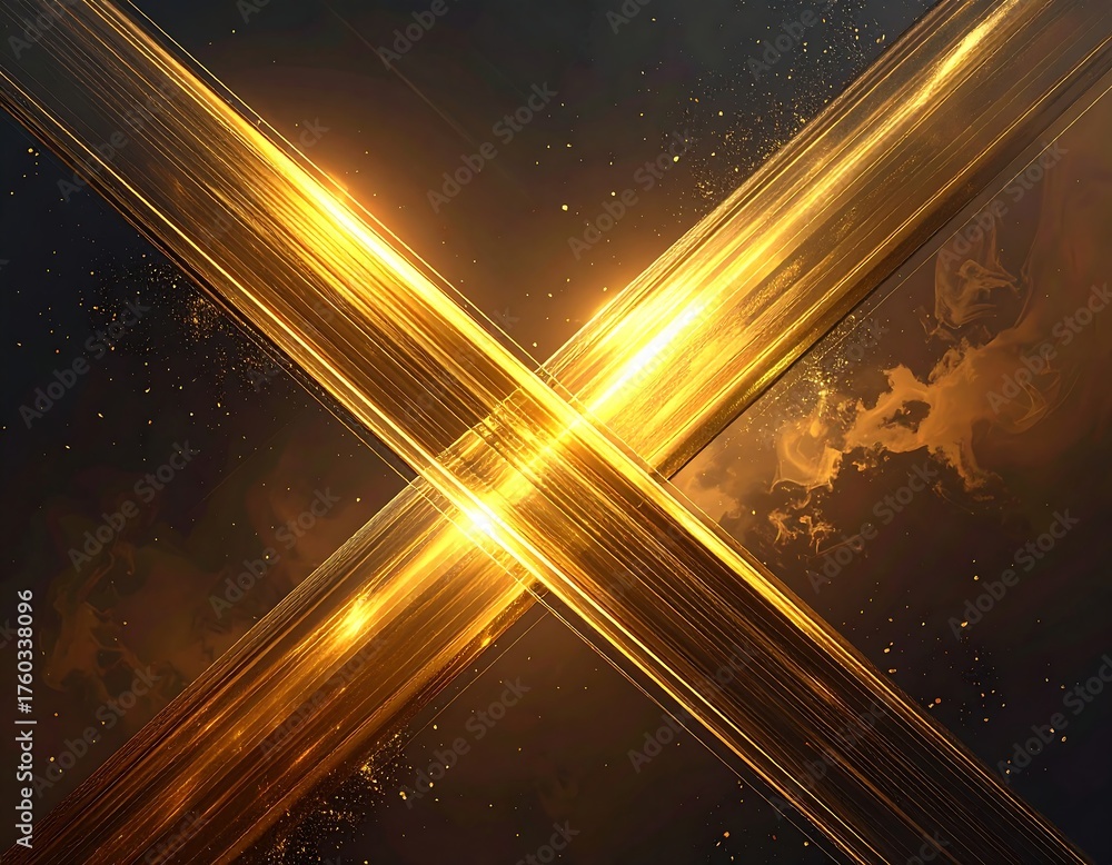 Fototapeta premium Diagonal golden beams intersecting with shimmering background, creating 