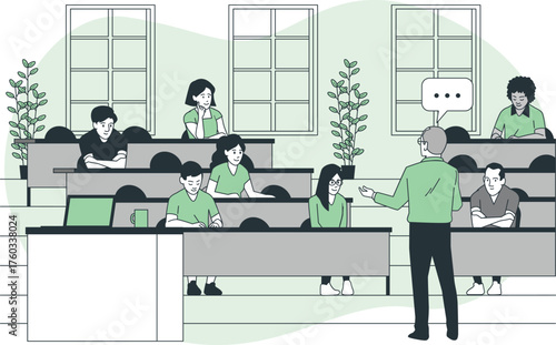 Diverse students and teacher in a classroom lecture hall with plants and windows learning
