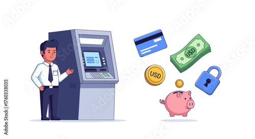 Man standing next to ATM with financial icons floating around.