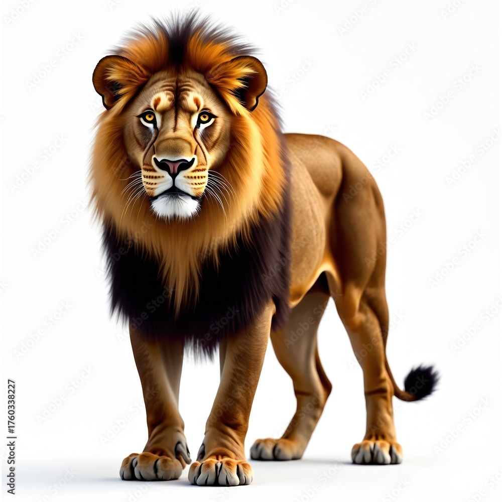 Obraz premium Majestic male lion stands on white. Wild animal has furry brown and orange mane. Lion is proud predator from africa wilderness in full growth. Strong muscular cat is ready hunting