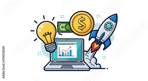 Business Startup Concept: Laptop Lightbulb Money and Rocket Launch.