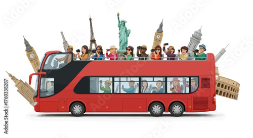 Iconic Red Double-Decker Bus Carrying Diverse Tourists Amidst World Landmarks.