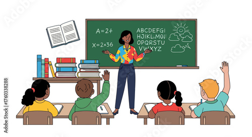 Diverse teacher instructing students in a classroom with a blackboard and books.