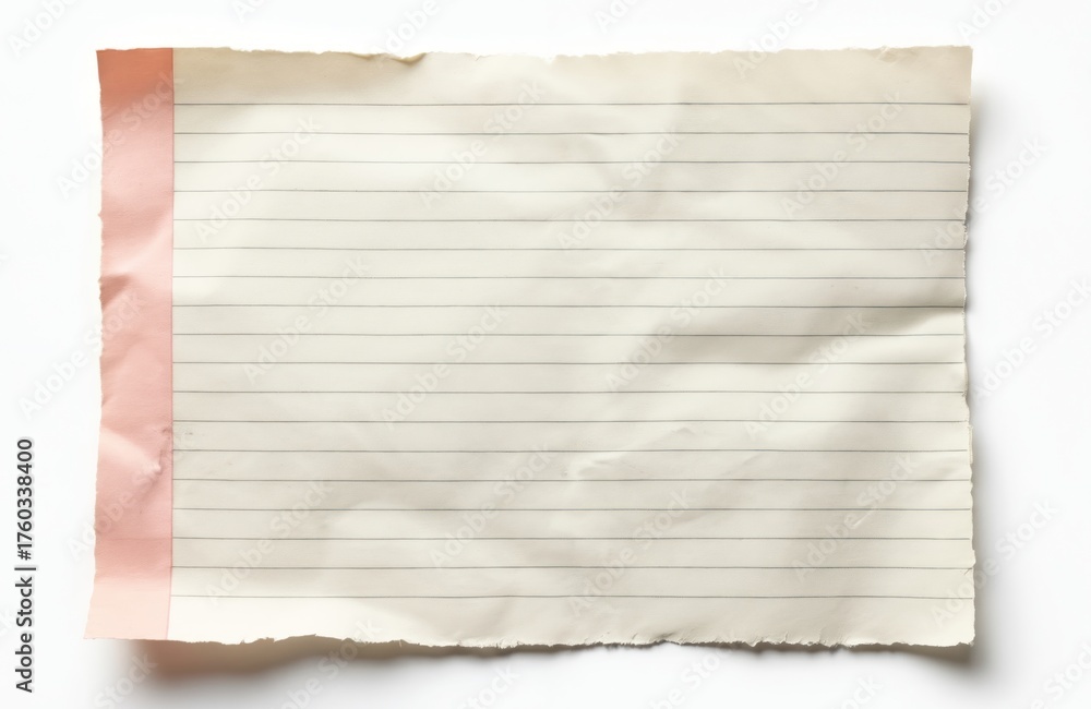 Obraz premium Torn lined paper sheet with pink edge border isolated on white background. Blank page for writing notes or reminders, office and school stationery.