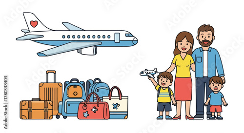 Happy family with luggage and airplane ready for travel.