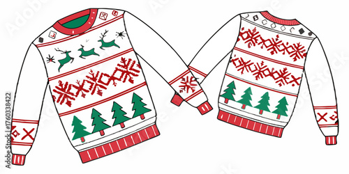 Festive holiday sweaters featuring playful reindeer and classic Christmas tree motifs perfect for seasonal celebrations and winter apparel designs.