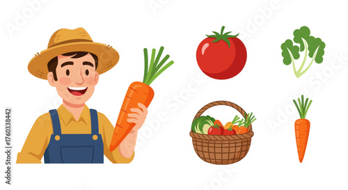 Cartoon Farmer Holding a Carrot with Fresh Vegetables and a Wicker Basket.