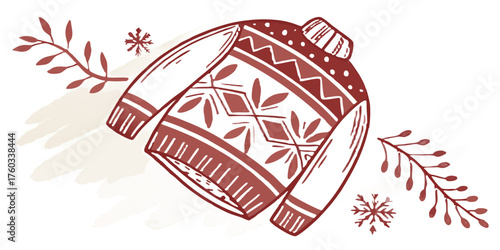 Cozy knitted sweater with festive winter motifs and delicate foliage, evoking warmth and holiday cheer for seasonal design projects