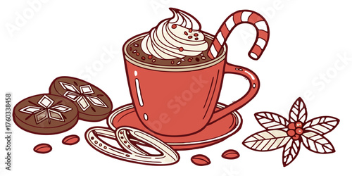 Cozy Christmas hot chocolate with whipped cream and candy cane, surrounded by festive cookies and coffee beans creates a warm winter beverage scene.