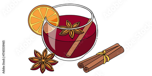 Warm mulled wine with orange slice, star anise, and cinnamon sticks evokes cozy winter holidays and festive celebrations.