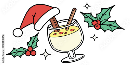 Festive eggnog with Santa hat and holly sprigs creates warm holiday cheer perfect for winter celebrations and seasonal greetings