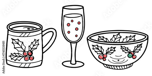 Festive holiday mug, sparkling champagne flute, and decorative bowl adorned with holly berries create a charming seasonal celebration scene
