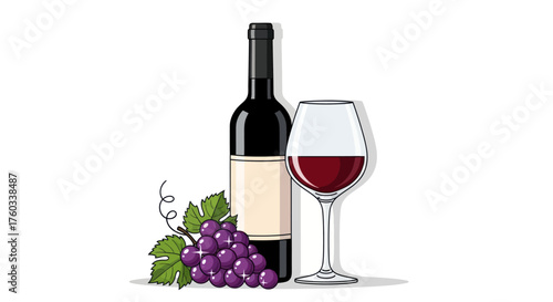 Elegant Red Wine Bottle Glass and Grapes Illustration.