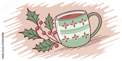 Cozy festive mug brimming with warm beverage and holly sprig creating a charming seasonal vibe