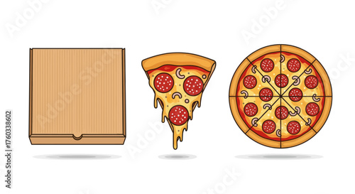 Delicious Pepperoni Pizza Slice Whole Pizza and Cardboard Box.