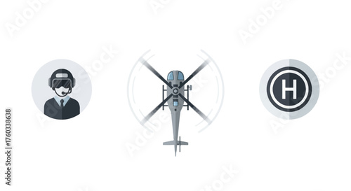 Top-down view of a helicopter with pilot and helipad icons.