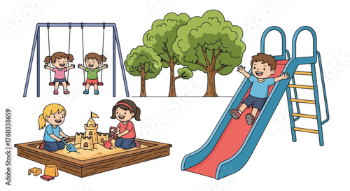 Happy children playing on playground equipment with swings slide and sandbox.