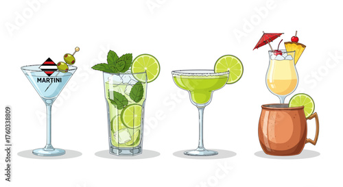 Assorted Colorful Cocktail Drinks with Garnish Including Martini Mojito Margarita and Tropical Drink.