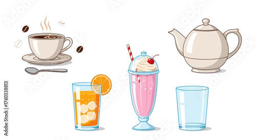 Assortment of Hot and Cold Beverages and Teapot.