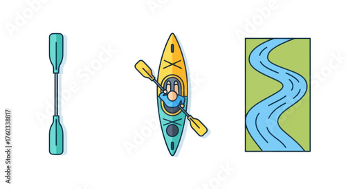 Colorful top-down view illustrations of a person kayaking a paddle and a winding river map.