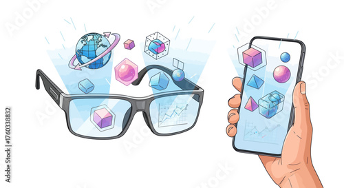 Illustration of augmented reality smart glasses and a smartphone displaying interactive 3D holographic projections.