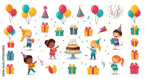 Colorful Birthday Party Elements with Children Gifts Balloons Cake and Confetti.